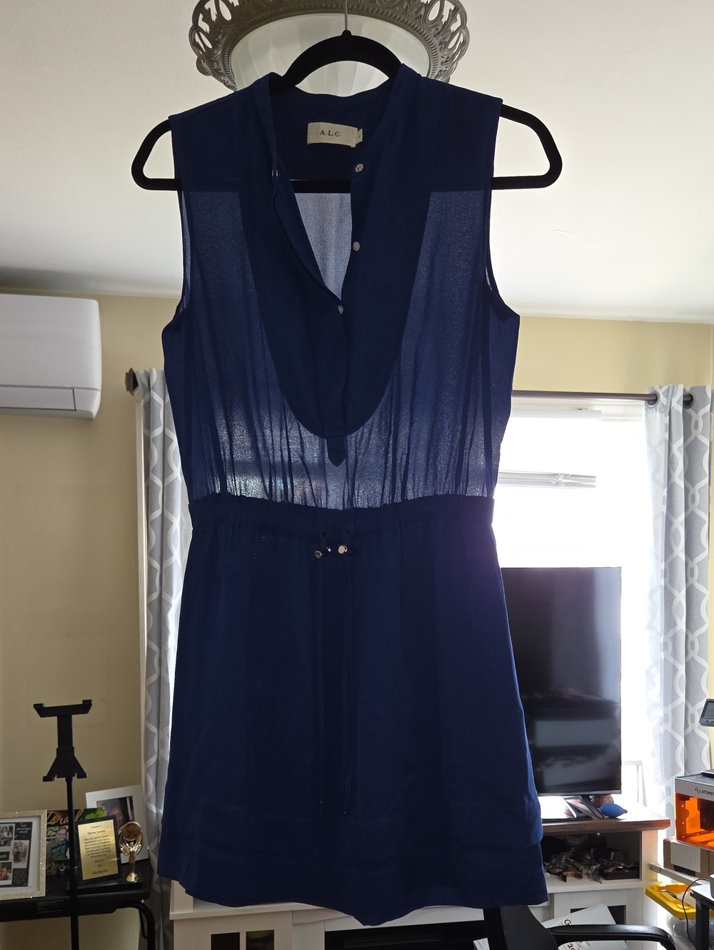 A.L.C. Sleeveless Sheer Navy Blue Drawstring Waist Mini Dress SIZE 4